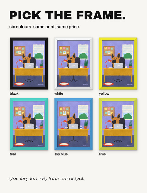 The german shepherd poster shown in all six frame colours: black, white, yellow, teal, sky blue, lime