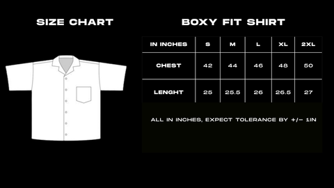 Boxy fit shirt size chart in inches
