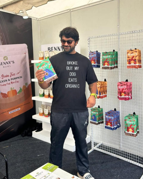 Real customer wearing the Broke But My Dog Eats Organic black oversized tee, Hoomans India