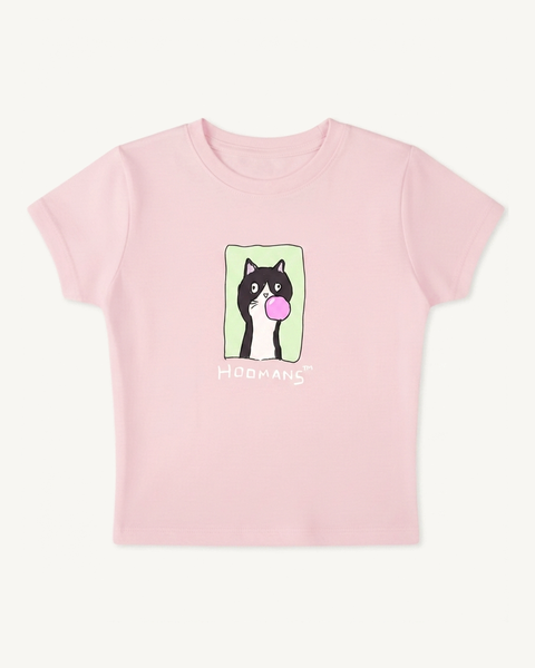 Bubble Trouble pink baby tee – front flat lay – Hoomans India