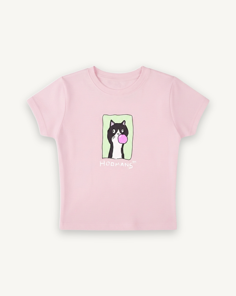 Bubble Trouble Pink Baby Tee — flat product shot on off-white background