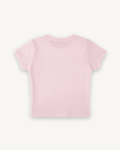 Bubble Trouble Pink Baby Tee — flat product shot on off-white background