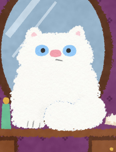 Close-up of the white persian cat in the poster, flat chalky painted texture