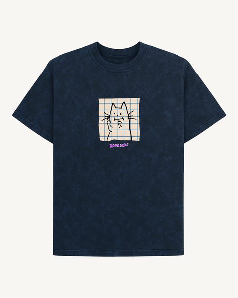 Cat Fingers acid wash oversized tee – front flat lay – Hoomans India
