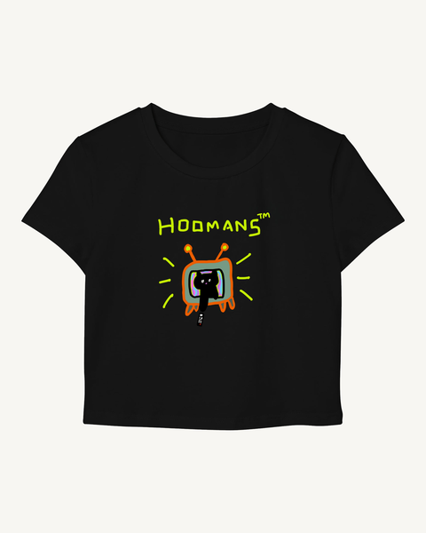 Cat TV black baby tee – front flat lay – Hoomans India