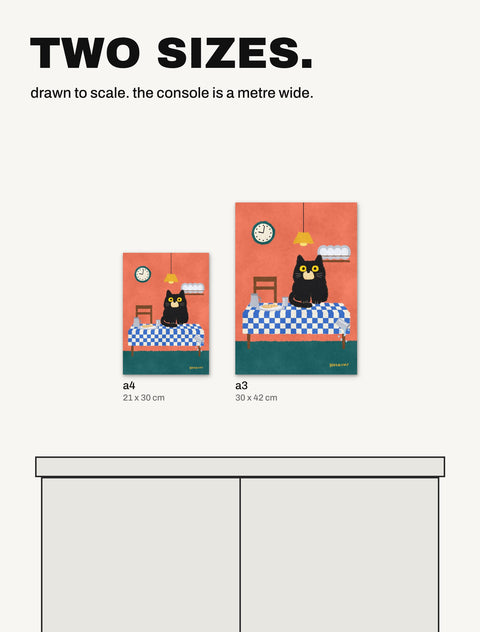 The Black Cat on the Dinner Table poster in both sizes, A4 and A3, drawn to scale over a one metre console