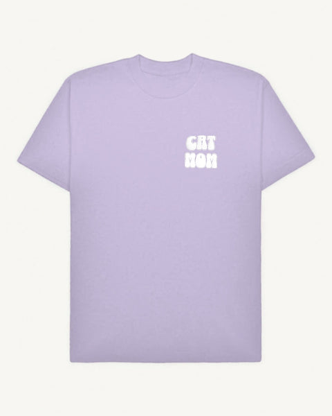 Lavender oversized tee with 'Cat Mom' white puff print on left chest, front flat lay