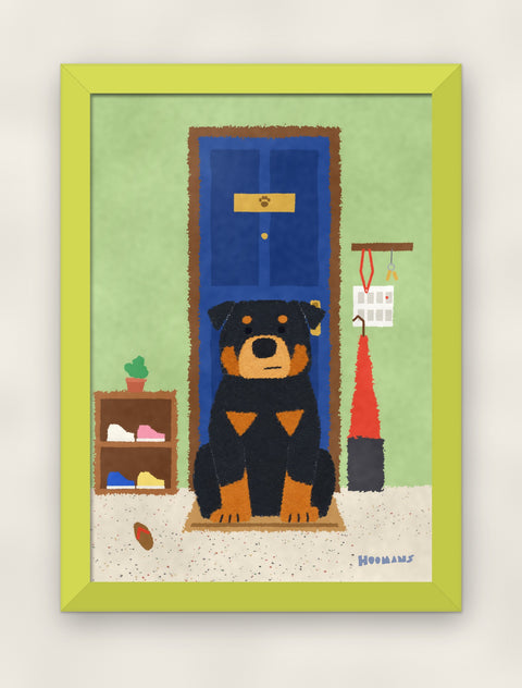 Rottweiler at the Door art print in a lime frame on a plain wall