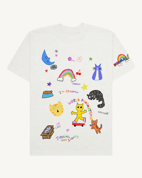 Crazy Cat Lady white oversized tee – front flat lay – Hoomans India