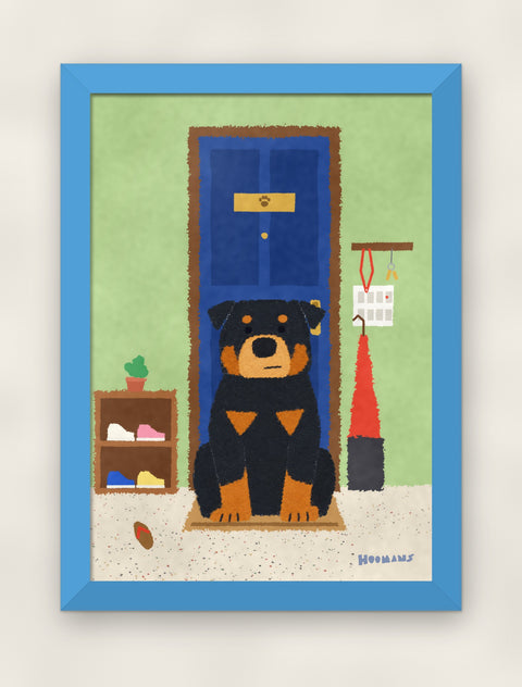 Rottweiler at the Door art print in a sky blue frame on a plain wall