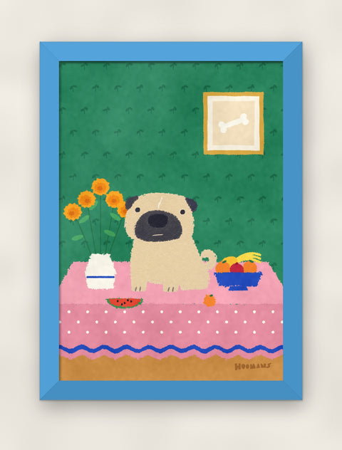 Pug at the Table art print in a sky blue frame on a plain wall