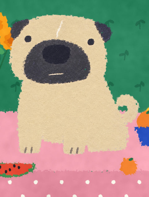 Close-up of the pug in the poster, flat chalky painted texture
