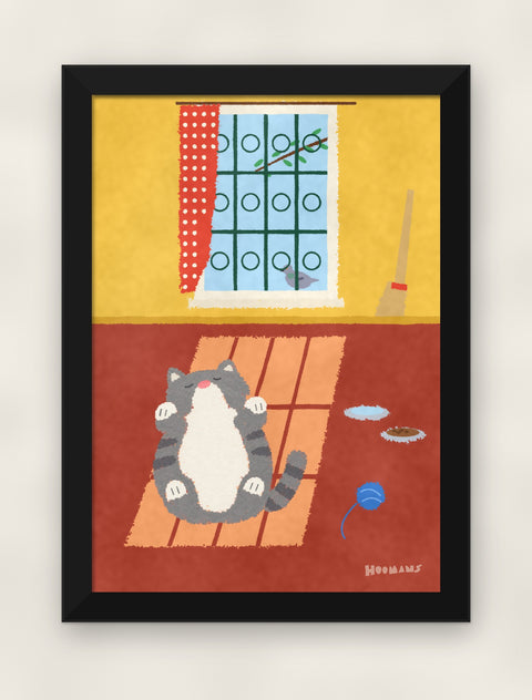 Indian Billi in the Sunbeam art print in a black frame on a plain wall, front view