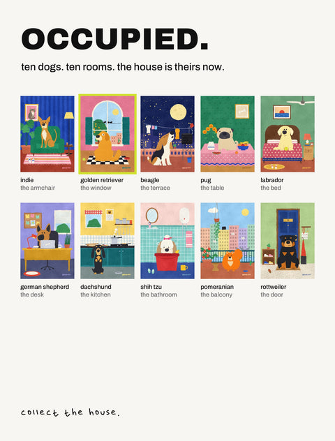 All ten Occupied posters by Hoomans: ten dog breeds, each in a different room of the house