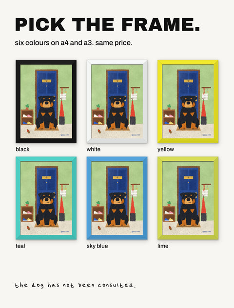 The Rottweiler at the Door poster shown in all six frame colours: black, white, yellow, teal, sky blue, lime