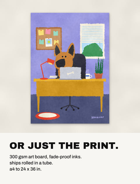 The German Shepherd at the Desk print without a frame: 300 gsm art board, shipped rolled in a tube