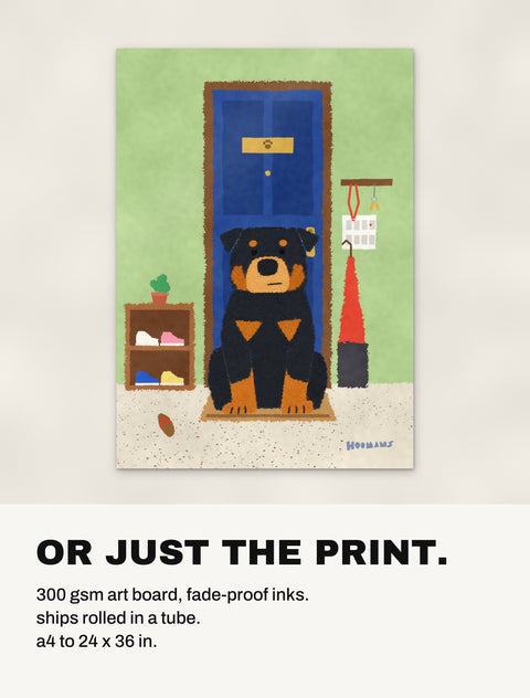 The Rottweiler at the Door print without a frame: 300 gsm art board, shipped rolled in a tube