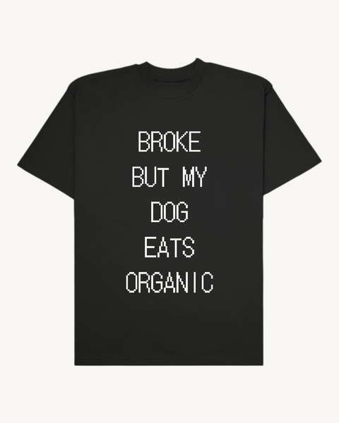 Broke But My Dog Eats Organic black oversized tee – front flat lay – Hoomans India