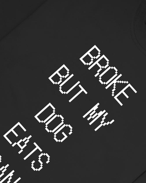 Broke But My Dog Eats Organic pixel print close-up on black tee – Hoomans India