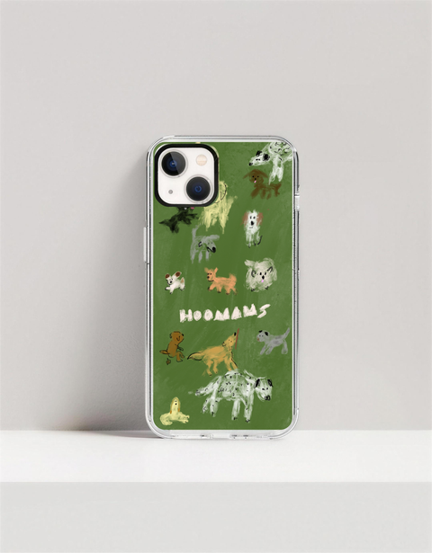 Hoomans Dog Park iPhone case — olive green case covered in hand-painted dogs of different breeds, on iPhone 13 mockup