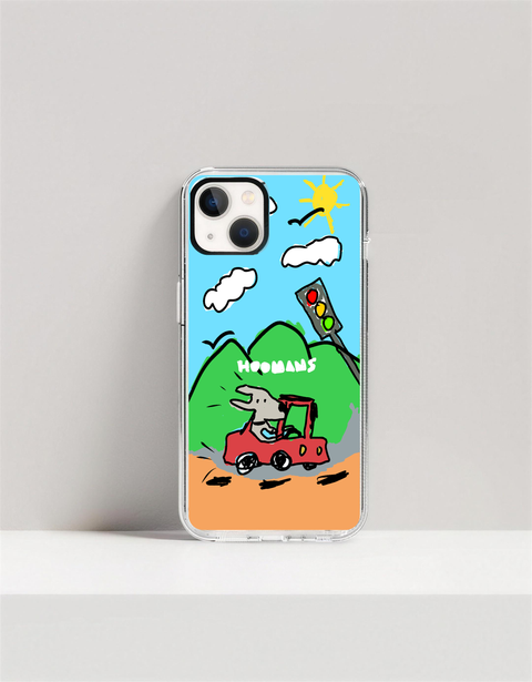 Hoomans Doggo Racing iPhone case — hand-drawn dog driving a red toy car past a traffic light, on iPhone 13 mockup