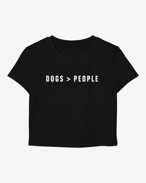 Dogs Greater Than People black baby tee – front flat lay – Hoomans India