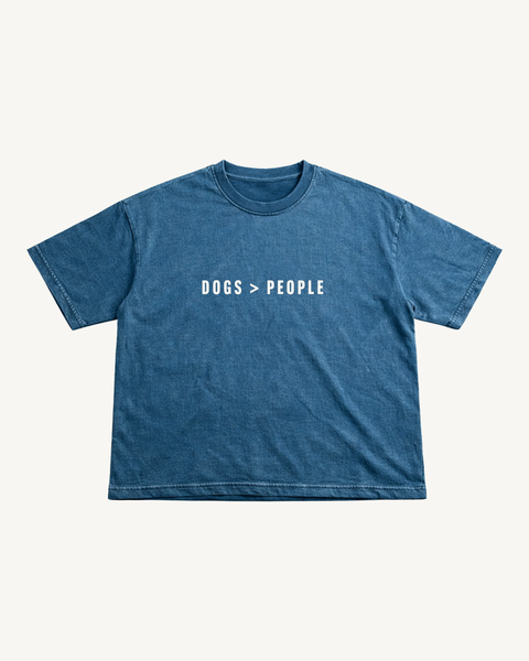 Dogs Greater Than People denim wash boxy tee – front flat lay – Hoomans India