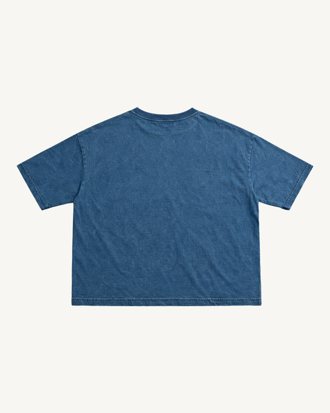 Dogs Greater Than People denim wash boxy tee – back view – Hoomans India