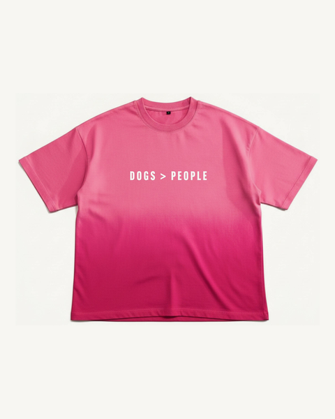 Dogs Greater Than People pink ombré boxy tee – front flat lay – Hoomans India