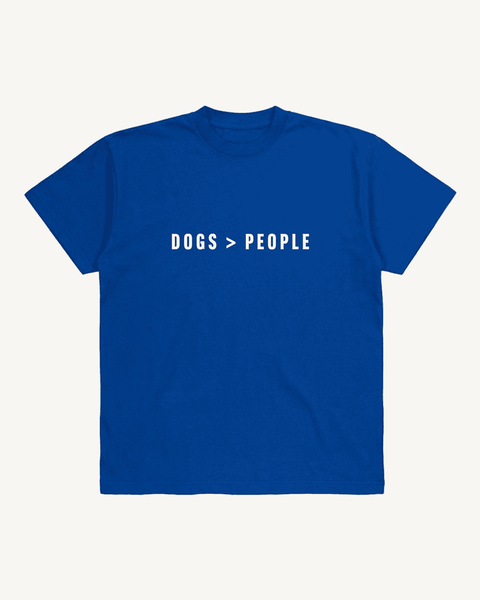 Dogs Greater Than People royal blue boxy tee – front flat lay – Hoomans India