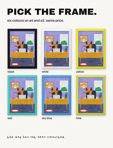 The German Shepherd at the Desk poster shown in all six frame colours: black, white, yellow, teal, sky blue, lime
