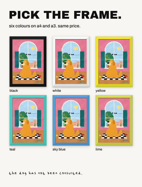 The Golden Retriever at the Window poster shown in all six frame colours: black, white, yellow, teal, sky blue, lime