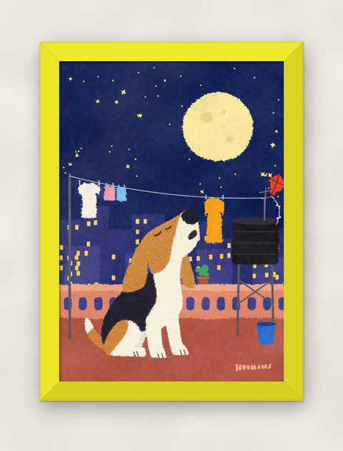 Beagle on the Terrace art print in a yellow frame on a plain wall