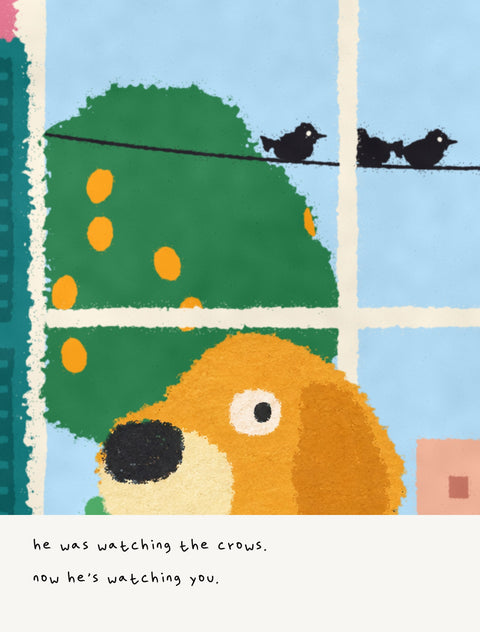 Close-up detail from the golden retriever poster with a handwritten note underneath