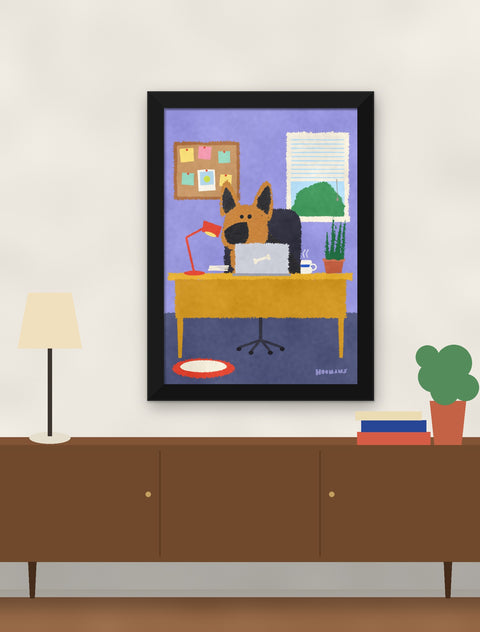 Black framed german shepherd poster hung above a walnut console with a lamp, books and a plant