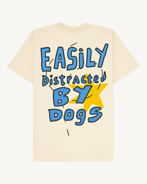 Easily Distracted By Dogs off-white oversized tee – front flat lay – Hoomans India