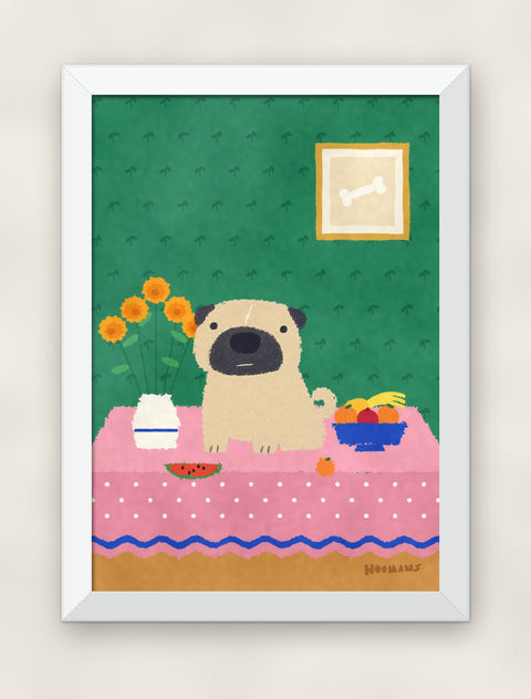 Pug at the Table art print in a white frame on a plain wall