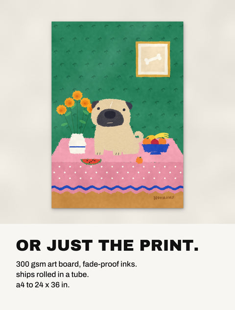The Pug at the Table print without a frame: 300 gsm art board, shipped rolled in a tube