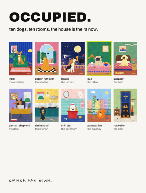 All ten Occupied posters by Hoomans: ten dog breeds, each in a different room of the house