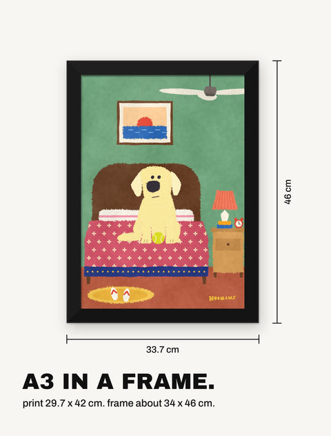 Framed labrador poster with its measurements, A3 print in a black frame