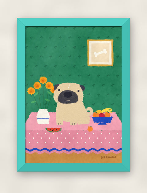 Pug at the Table art print in a teal frame on a plain wall