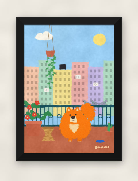Pomeranian on the Balcony art print in a black frame on a plain wall, front view