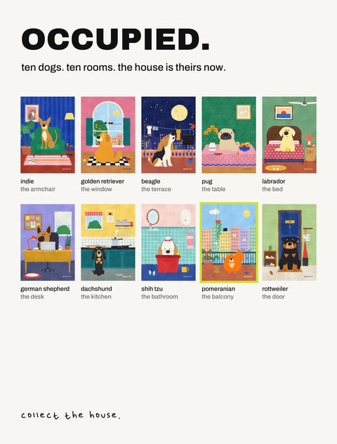 All ten Occupied posters by Hoomans: ten dog breeds, each in a different room of the house