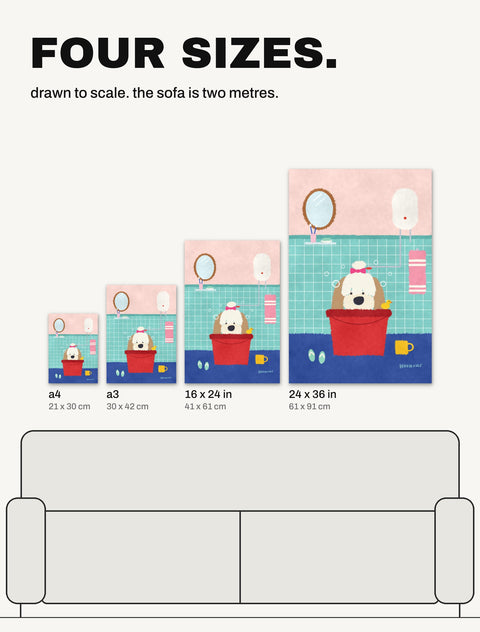 The Shih Tzu in the Bathroom poster in all four sizes, A4, A3, 16 x 24 in and 24 x 36 in, drawn to scale over a two metre sofa