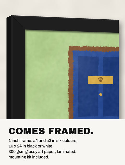 Corner of the black frame at an angle showing the Rottweiler at the Door print inside