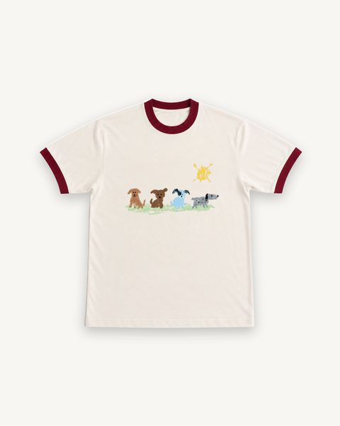 Four Doggos Ringer Tee — flat product shot on off-white background