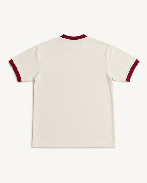 Four Doggos white ringer tee with maroon trim – back view – Hoomans India
