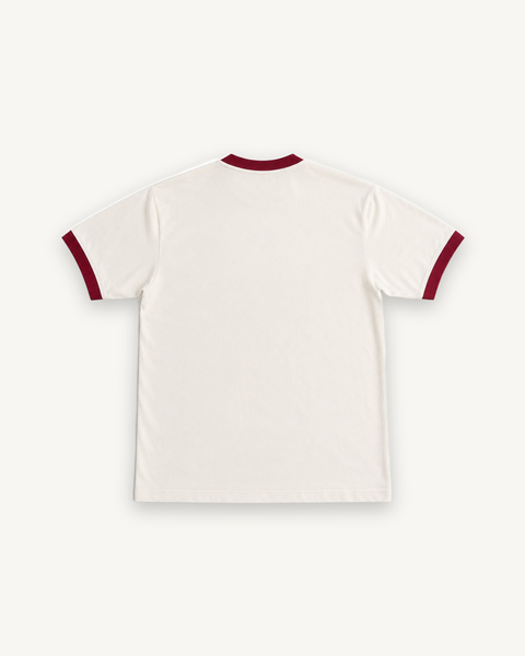 Four Doggos Ringer Tee — flat product shot on off-white background