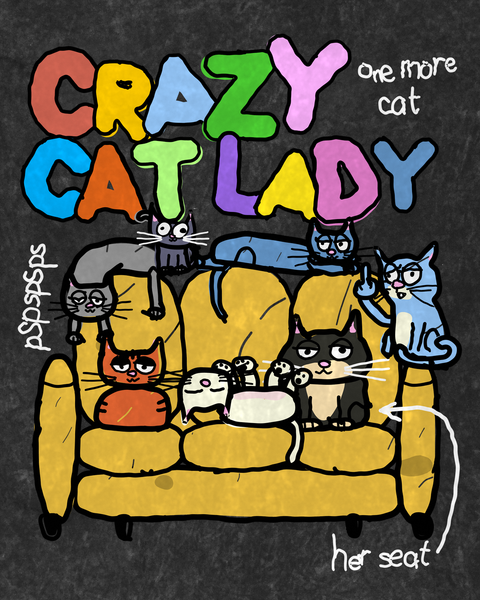 Close-up of the hand-drawn Crazy Cat Lady lettering and sofa of cats on a black acid wash tee