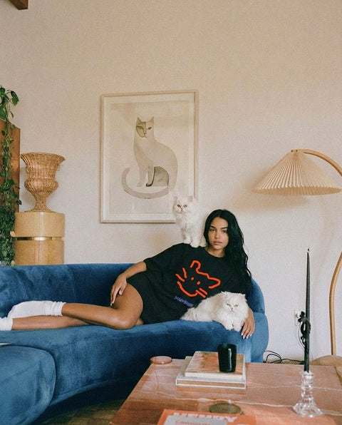 Confused Catto tee worn by model – back – Hoomans
